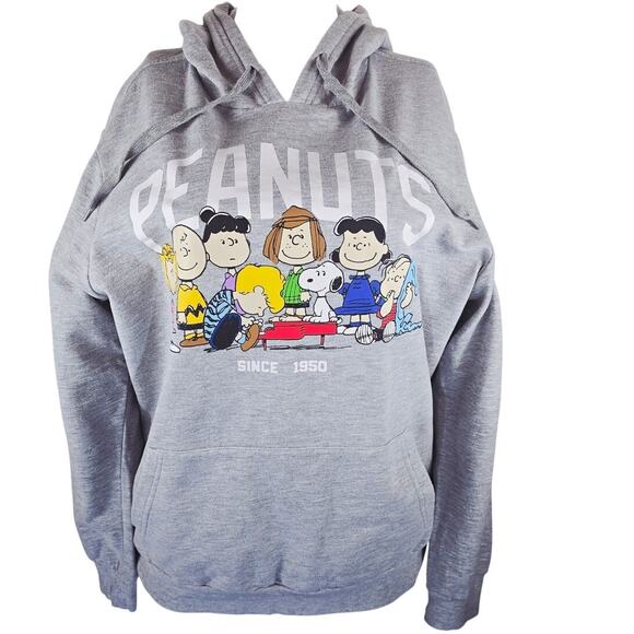 Peanuts Tops - Peanuts Family Heathered Gray Athletic Athleisure Hooded Sweatshirt Women L